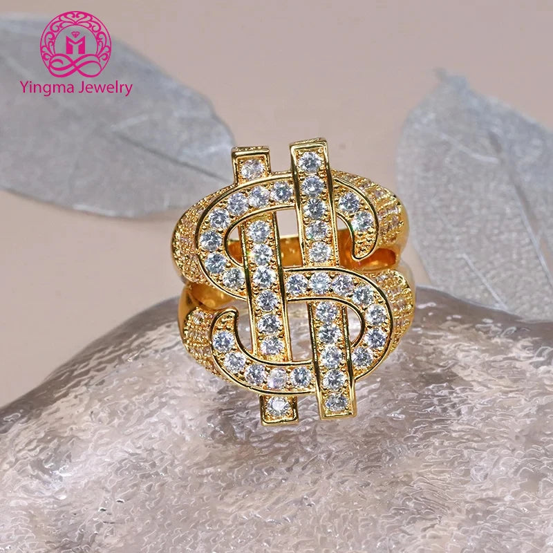 Hot Selling Hip Hop Iced Out Moissanite Jewelry Dollar Design Money Customized 14K Yellow Gold Round Cut Men Moissanite Rings