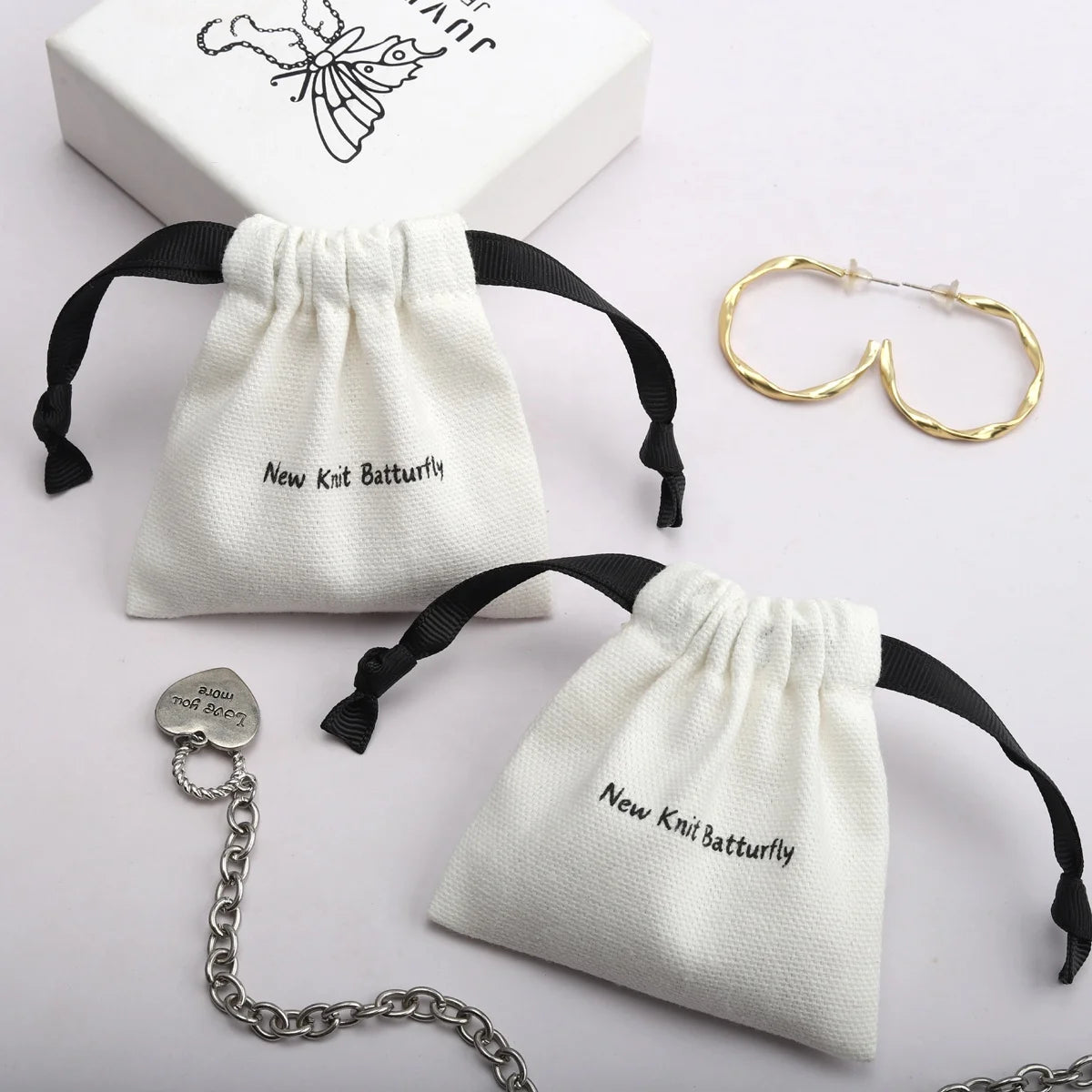 Custom Logo Printed Mini Brush Canvas Fabric Drawstring Bag for Earring Necklace Luxury Cotton Gift Storage Jewelry Pouch