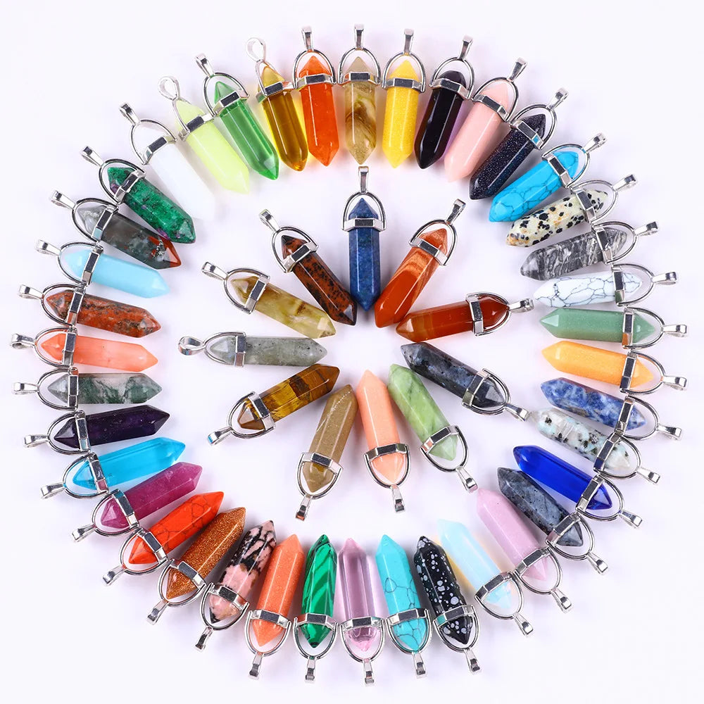 Natural Stone Hexagonal Column Pendant 8 * 32mm Agate Amethyst Bullet Head Crystal Stone Necklace
