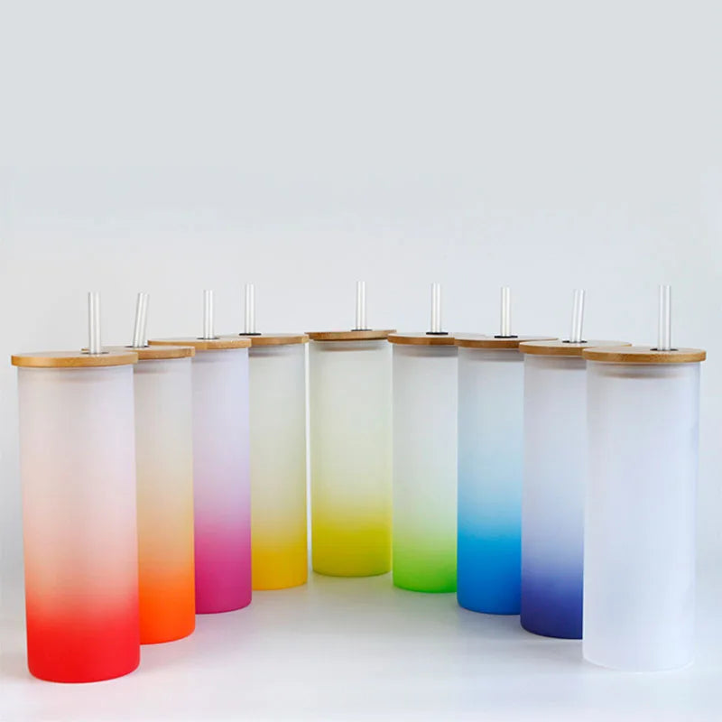 Sublimation Blanks Frosted Glass Gradient 18oz Straight Skinny Tumbler Cups with Straw and Bamboo Lid Reusable Drinkiing Cup