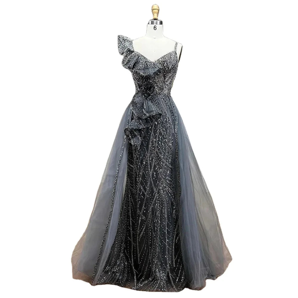 Gold Mermaid Evening Prom Dresses Overskirt Serene Hill LA72341 Beaded Grey Sleeveless Party Gown for Women