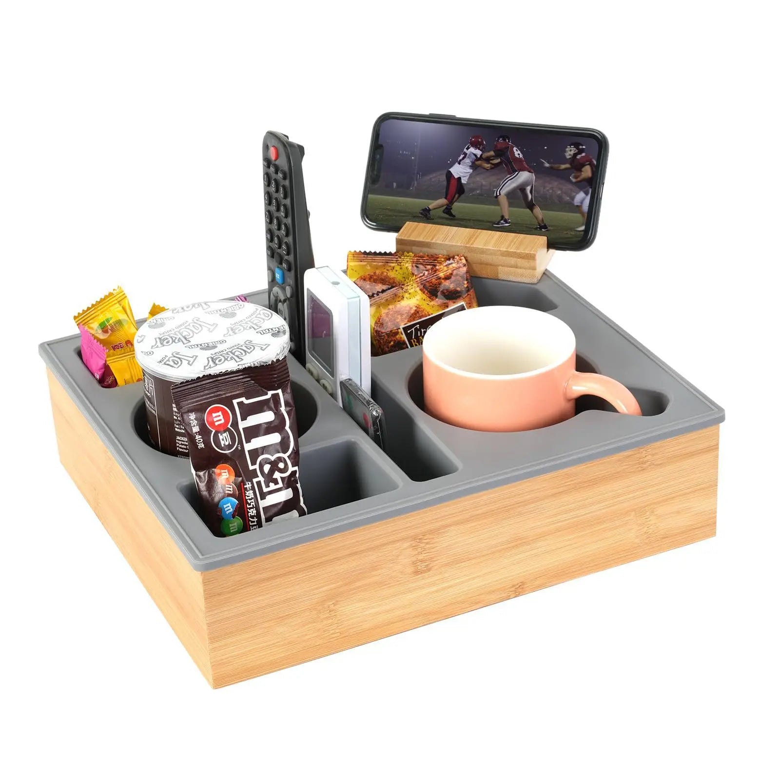 Hot Sale Couch Sofa Bamboo Snack Tray Console coaster Organizer Buddy Bamboo Couch Cup Holder for Counter Top Crafts Boxes