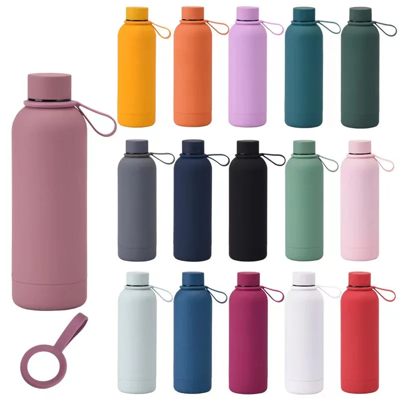 Factory Customized Double Wall 18/8 Stainless Steel Water Bottle Rubber Paint Insulated Bottle with Silicone Rope Vacuum Flas
