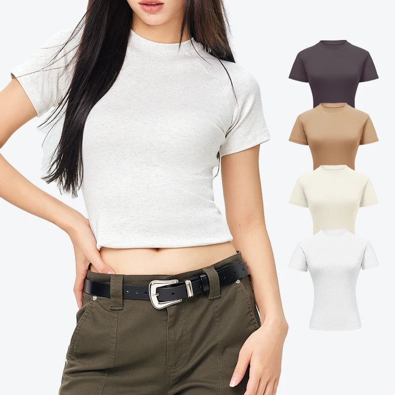 250G Stretch Cotton French Terry Crop Top T Shirt for Women Custom Logo Fitted Summer Crew Neck Short T-shirts