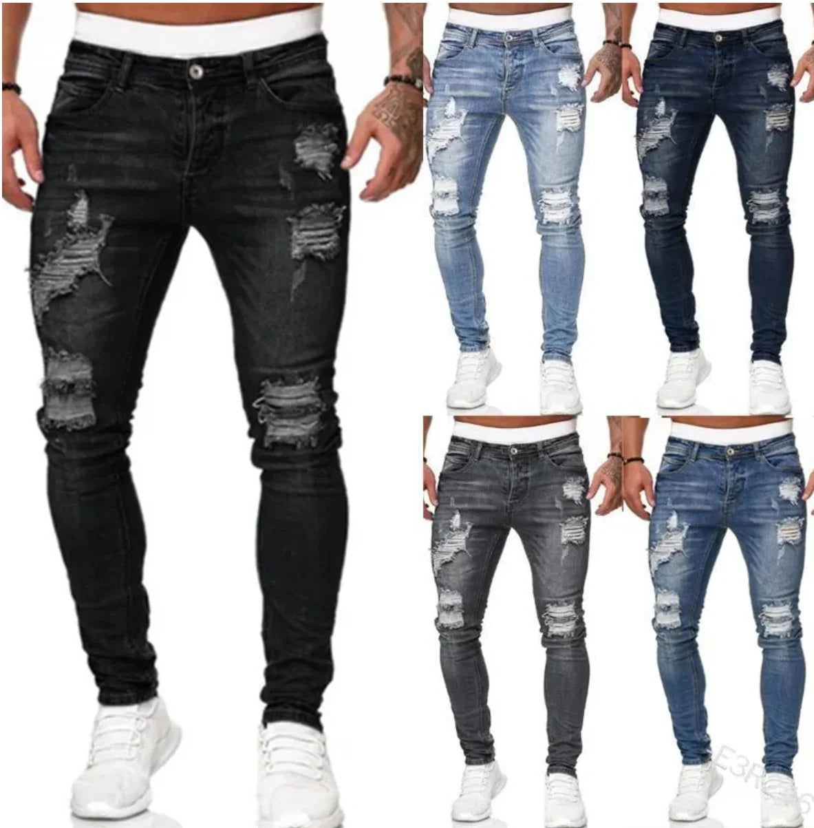 Wholesale large-sized Men's skinny jeans ripped jeans trendy street boys' jeans washed process well-fitting jeans for men