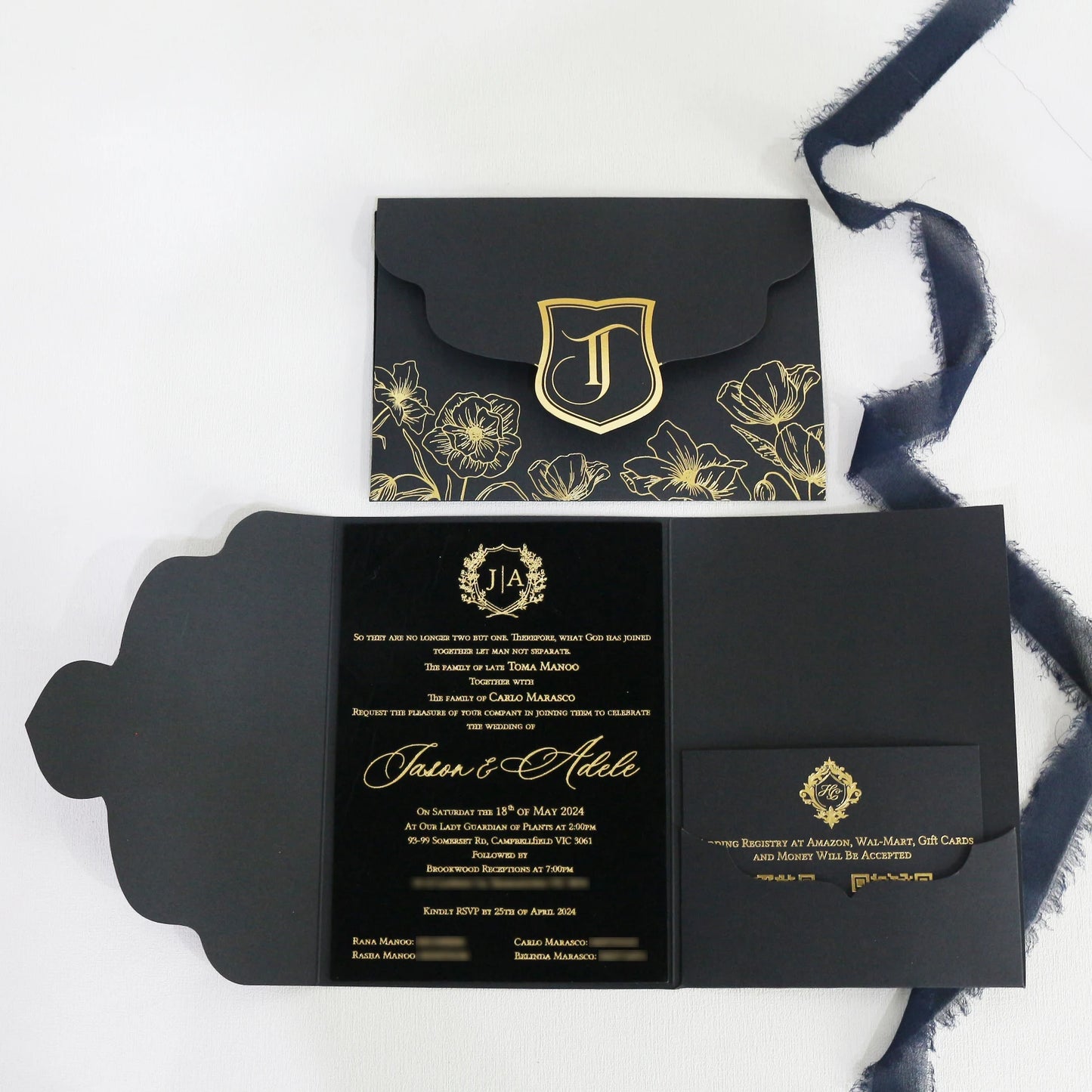 Personalized Black Velvet Wedding Invitation with Floral Trifold Pocket Folder and Respond Card