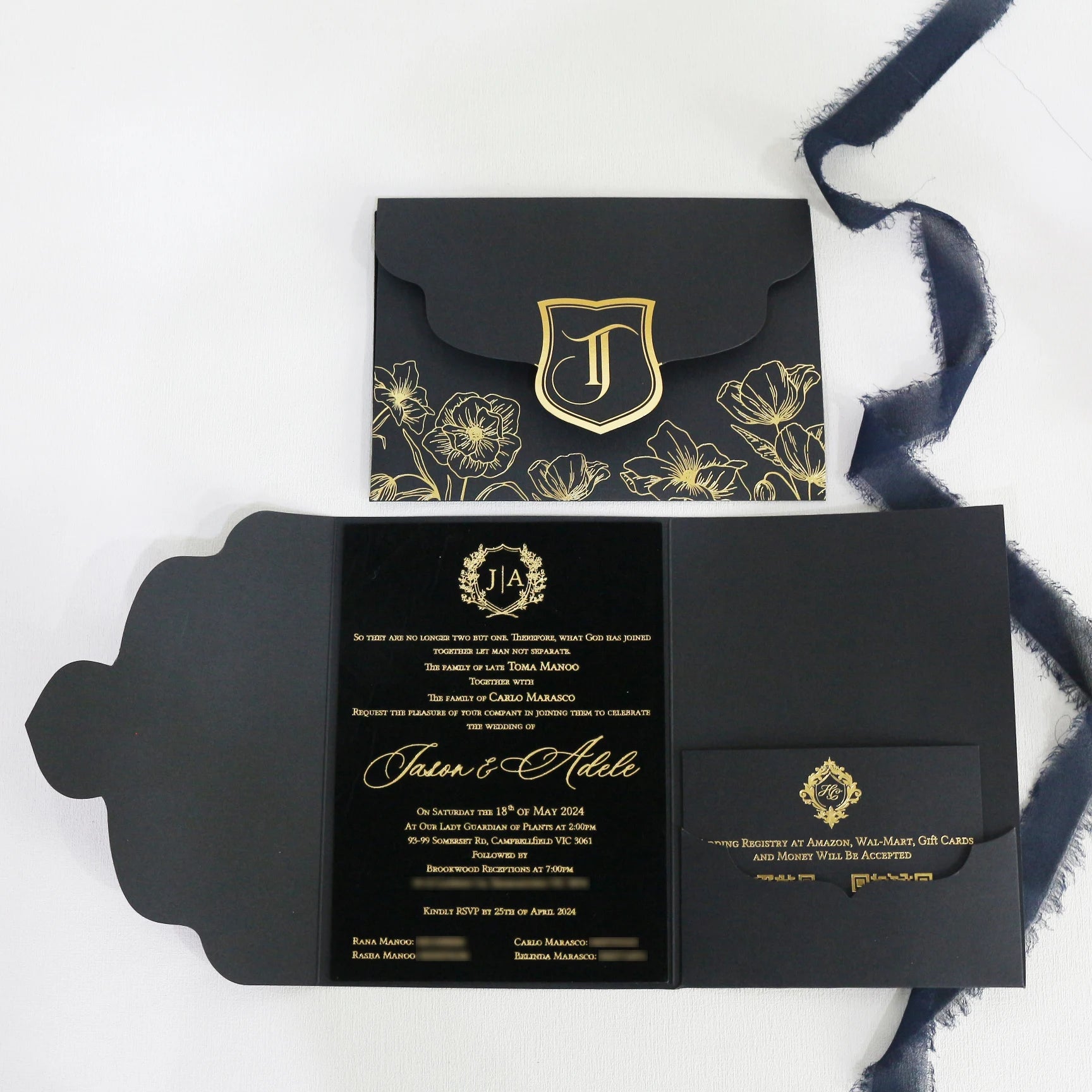 Personalized Black Velvet Wedding Invitation with Floral Trifold Pocket Folder and Respond Card