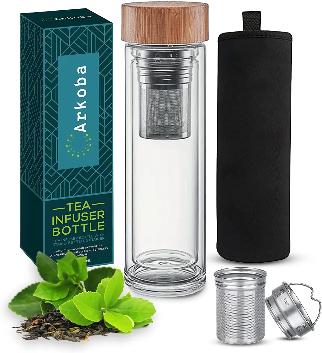 PSC WB005 150z 18oz Double-Walled Borosilicate Glass Travel Tumbler 300ml/400ml Screw-On Bamboo Lid Non-Slip Neoprene Sleeve