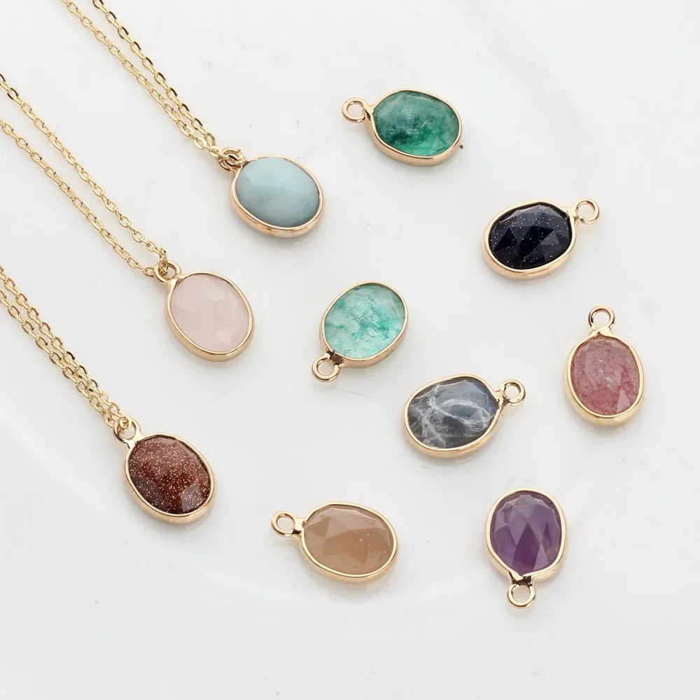 8x13mm Faceted Oval Shape Gold Bezel PendantNatural Stone Crystal Quartz Flatback Single Bail CharmDIY Jewelry Making