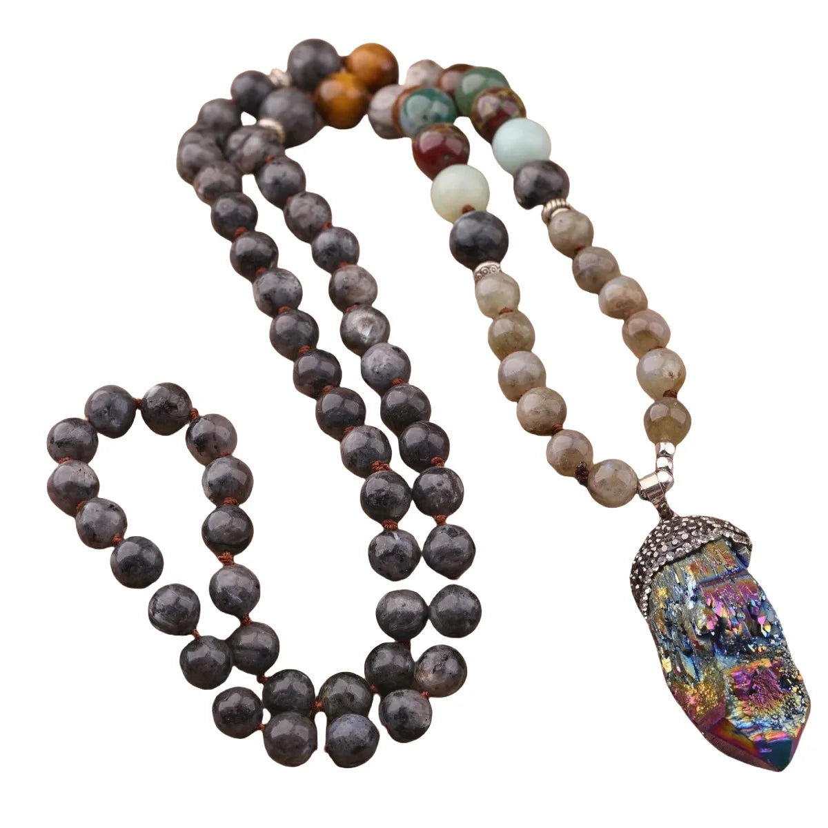 Designer Boho Style Mala Necklace  Titanium Coated Rainbow AB Crystal Pendant Healing Necklaces