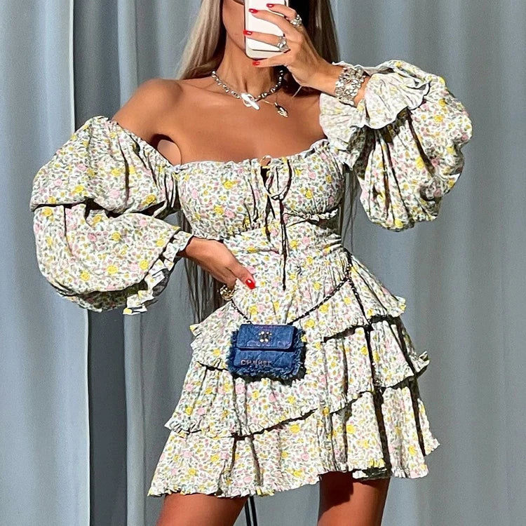 Back Zip Lace-Up Layered Puff Long Sleeve Off Shoulder Women's Ruffled Dress Casual Summer Short Floral Dresses For Women
