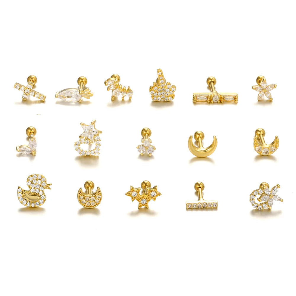 New Piercing Jewelry Creative Earrings Gold Zircon Fashion Ear Bone Screws Moon Star Duck Carrot Small Earring Studs for Wome