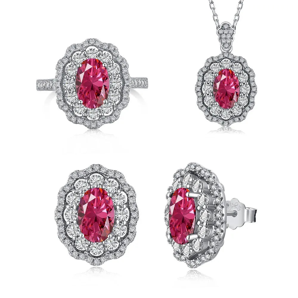 Elegant 925 Silver Jewelry Set for Brides Red Stone Pendant Necklace Earrings & Ring Crystal Fine Collection for Women