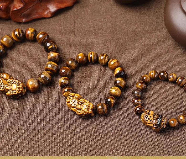 10mm 12mm 14mm Natural Stone Tiger Eye Bracelet Glossy Stone Pixiu Bracelet Round Bead Pixiu Shape Lucky Beaded Bracelet for 