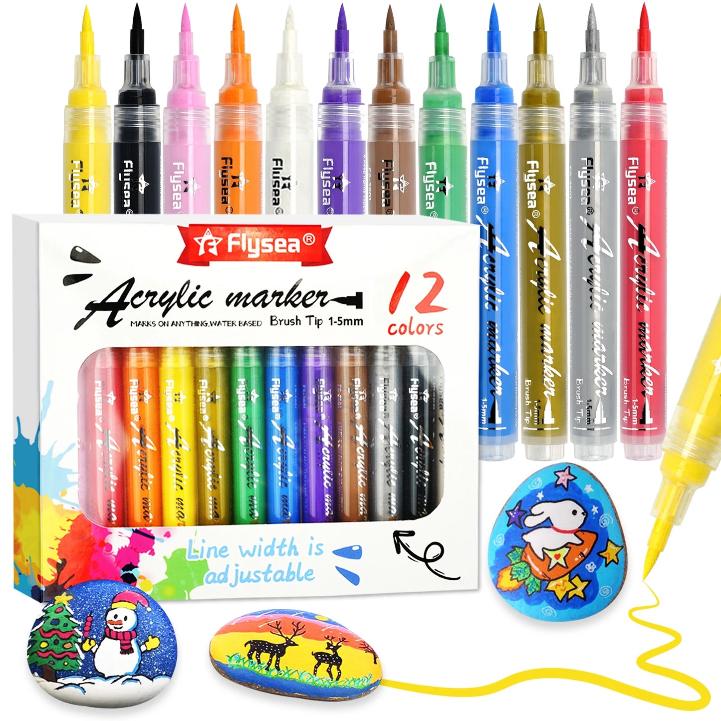 Valve Action Marker Pen 12 Colors Brush Tip for Rock PaintingDIY CraftWoodCanvasGlassValentine's Day Gift