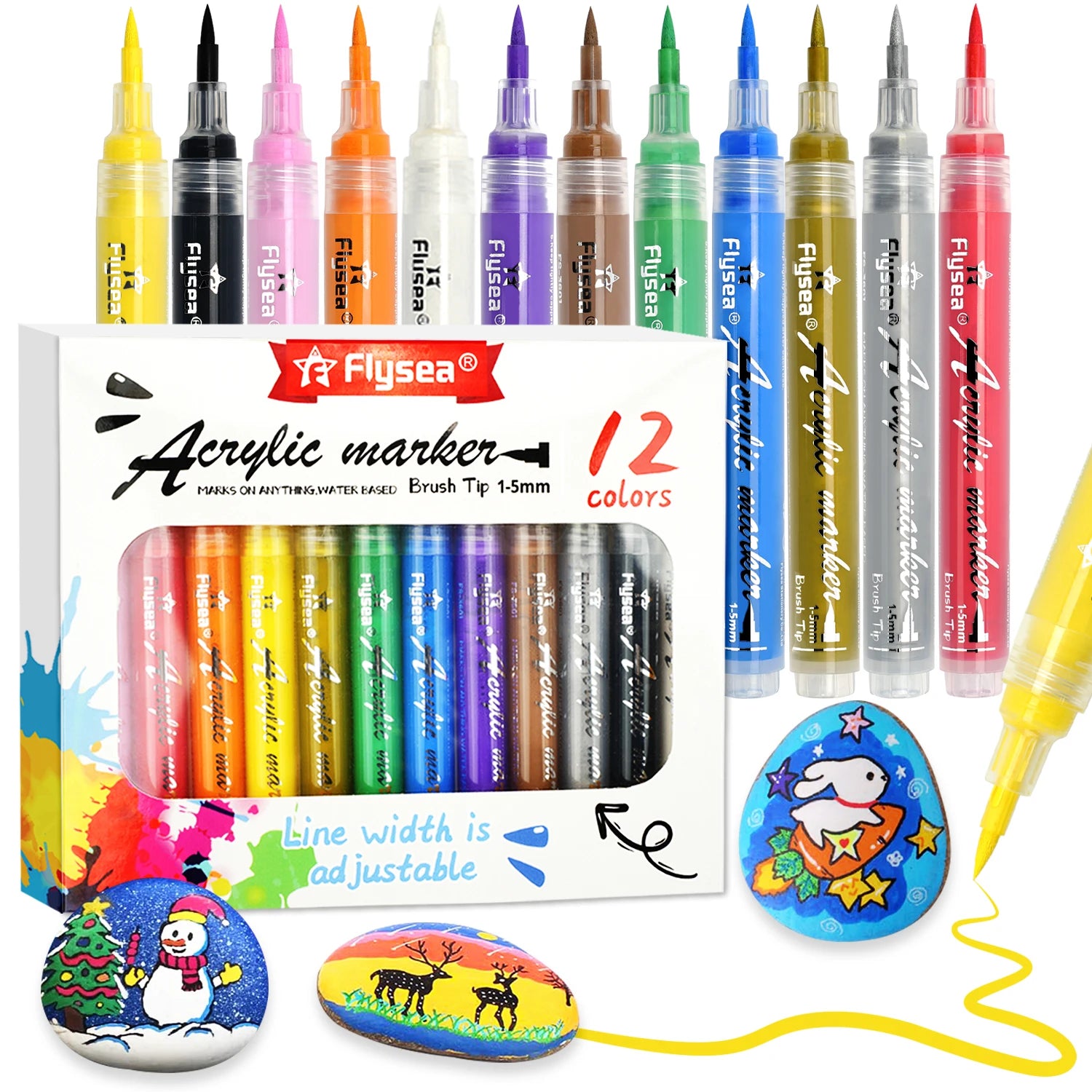 Valve Action Marker Pen 12 Colors Brush Tip for Rock PaintingDIY CraftWoodCanvasGlassValentine's Day Gift