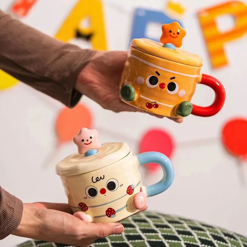 Creative Personality Embossed Ceramic Mug with Lid Cute Cartoon Had Painted Drinking Water Cup