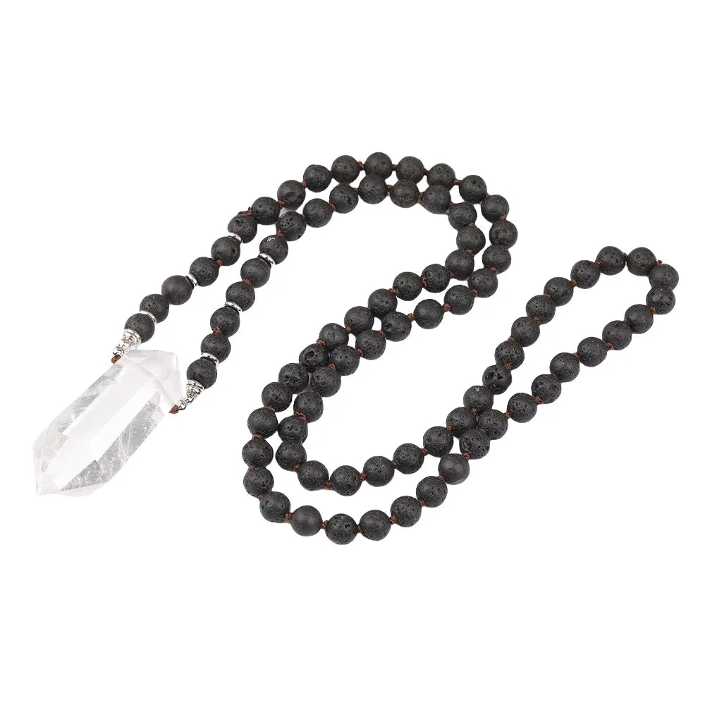 Crystal Mala Necklace Healing Black Lava Prayer Beads Crafted Double Point Quartz Men Necklaces