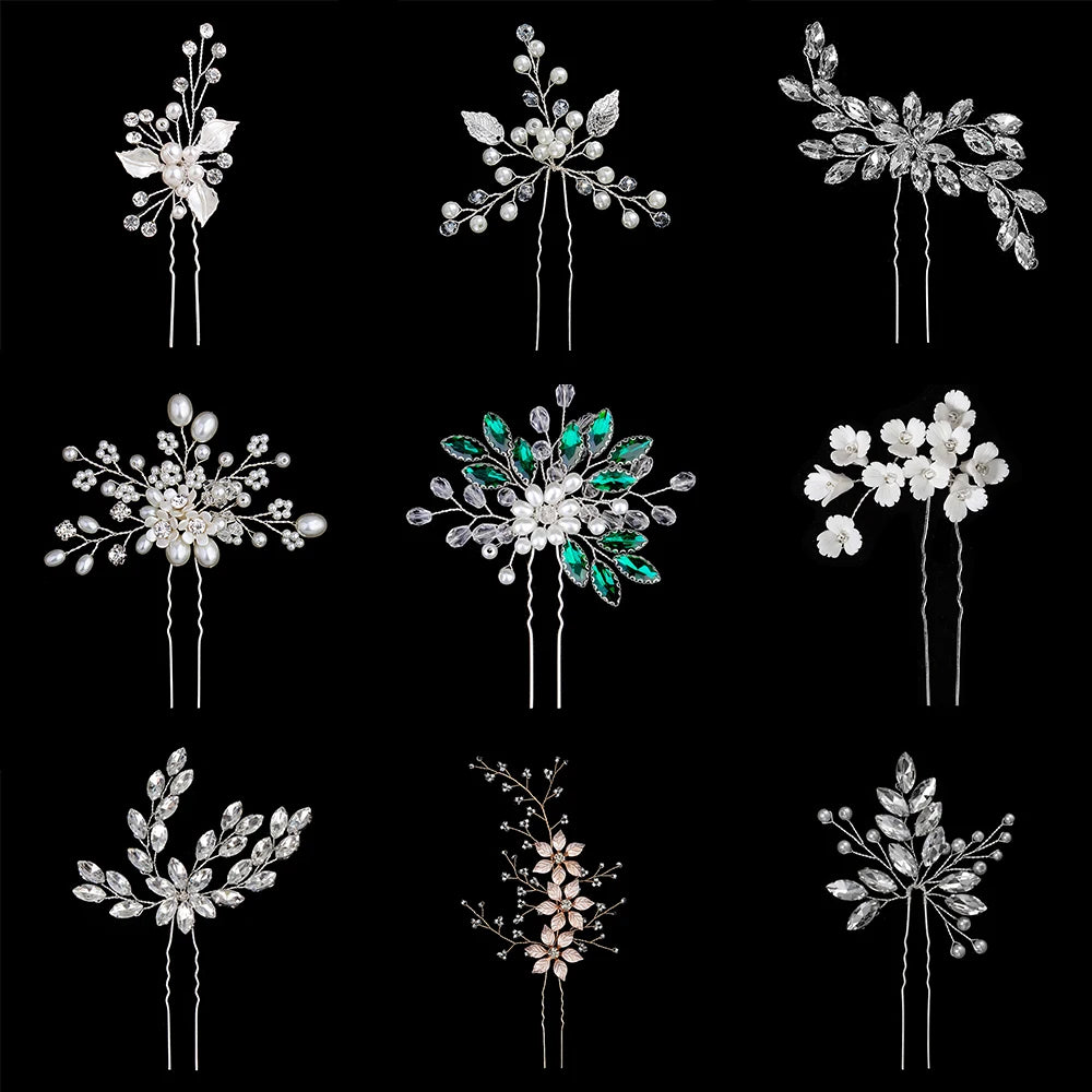 New Bride Wedding Hair Pin Silver Crystal Bridal Hair Piece Green Rhinestone Wedding Hair Accessories Prom for Women and Girl