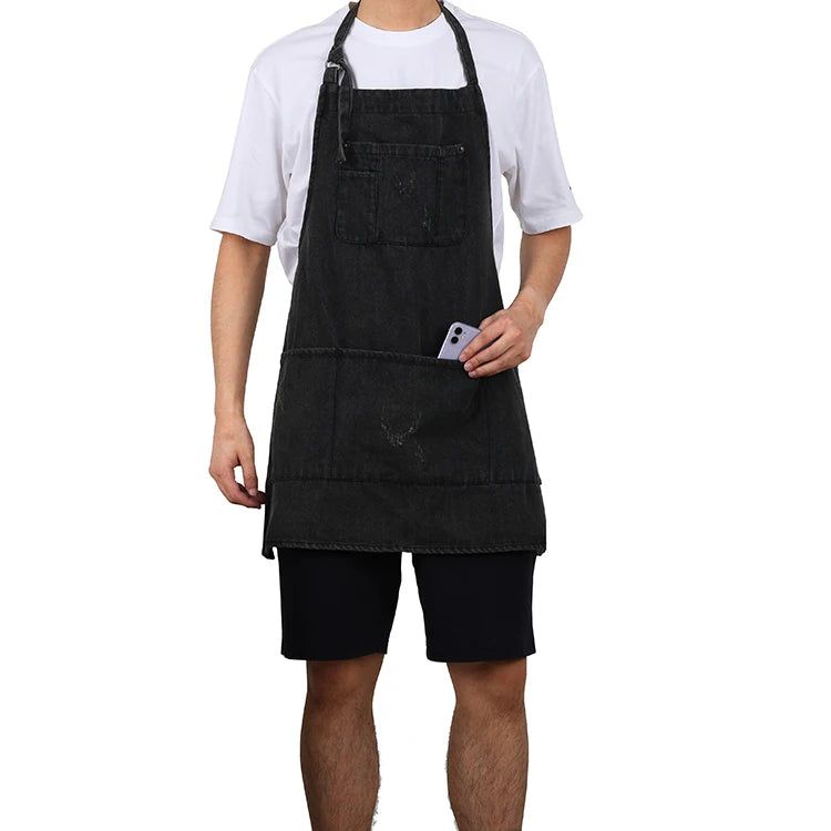 KEFEI 100% Cotton Denim Bib Apron Reusable Custom Logo Kitchen Cooking Baking Home Restaurant Waiter Uniform