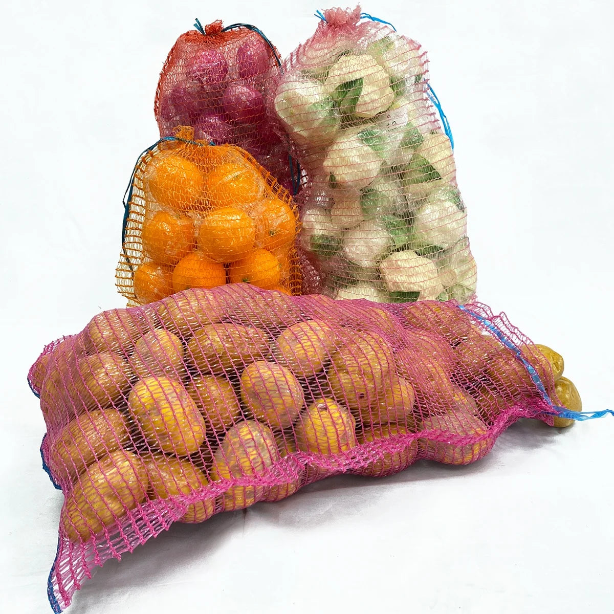 Omai Brand Recycled PE Raschel Mesh Bags Vegetable Fruit Packaging Onions Sacks Drawstring Closure-SGS Certified Customizable