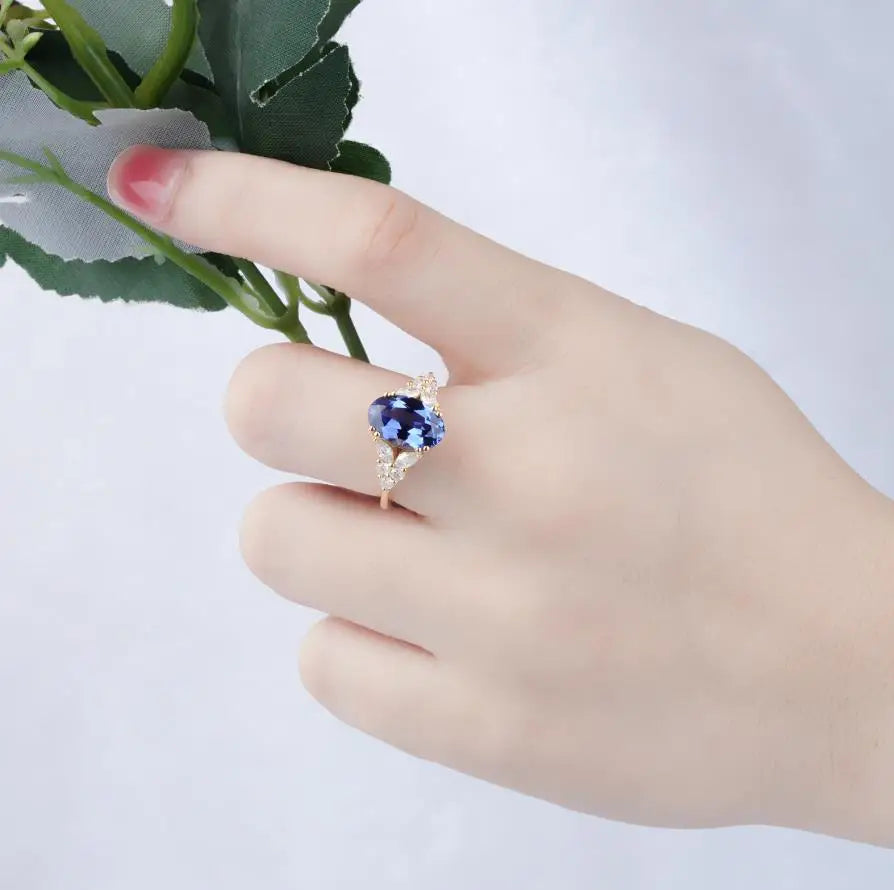 Lab Grown Gemstone Jewelry Inlay Blue Sapphire Stone 22/10k 18k 14k Gold Ring Diamond Yellow Gold for Wedding Party Appointme