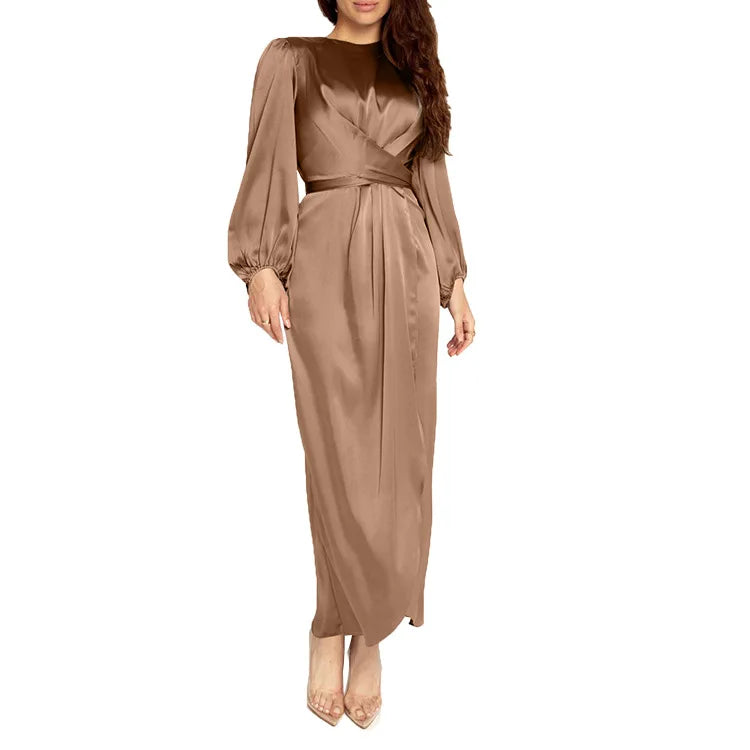 Shiny Fabric Elastic Cuff Plain Color Classic Style Back Zipper Eid Dresses for Muslim Women Lady