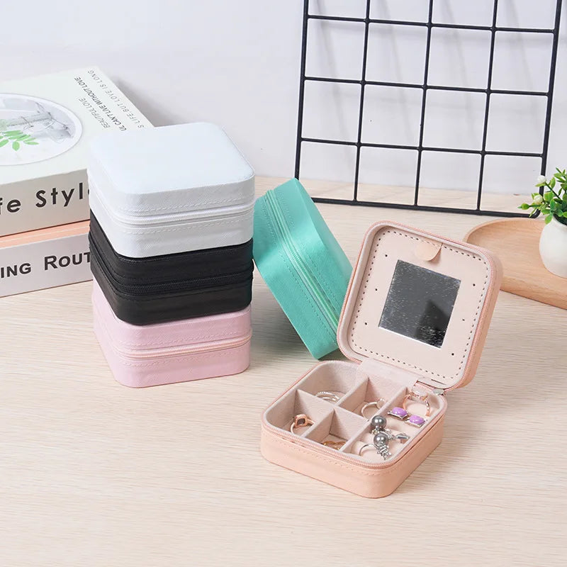 Wholesale Portable Zipper Travel Jewelry Organizer Handmade PU Leather Storage Box with Mirror for Earrings Necklace Rings