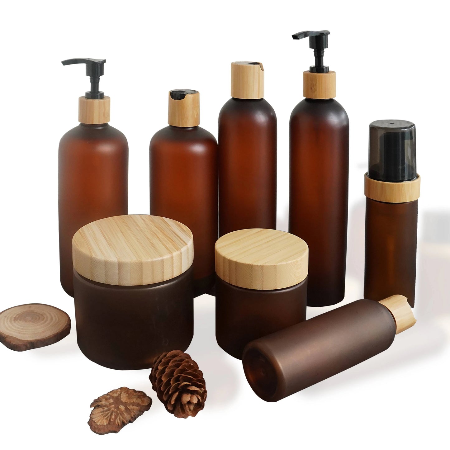 Different Style Frosted Amber Bottle with Bamboo Cap Pump