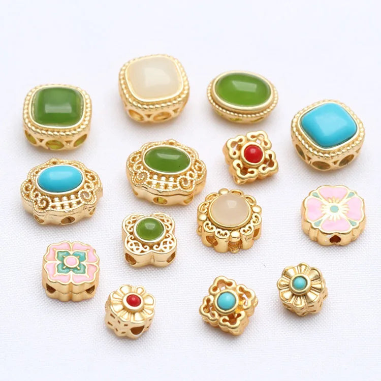 JF8748 Matte Gold Plated Pave Stone Nepal Nepalese Style Round Oval Square Spacer Beads Tibetan Ethnic Tribal Beads
