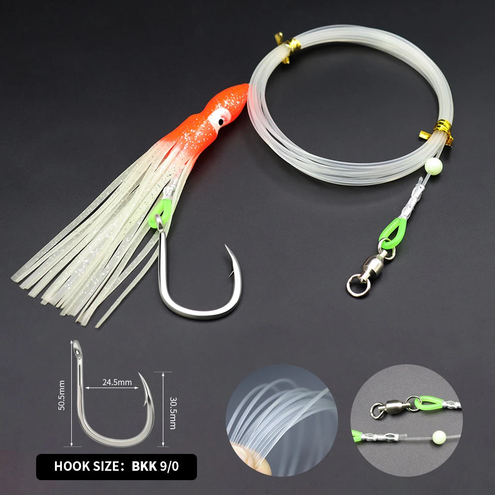 162.20 Inches Fishing Luminous Soft Squid Lure Rigs with 9/0 Assist Hook for Saltwater Fishing Tackles