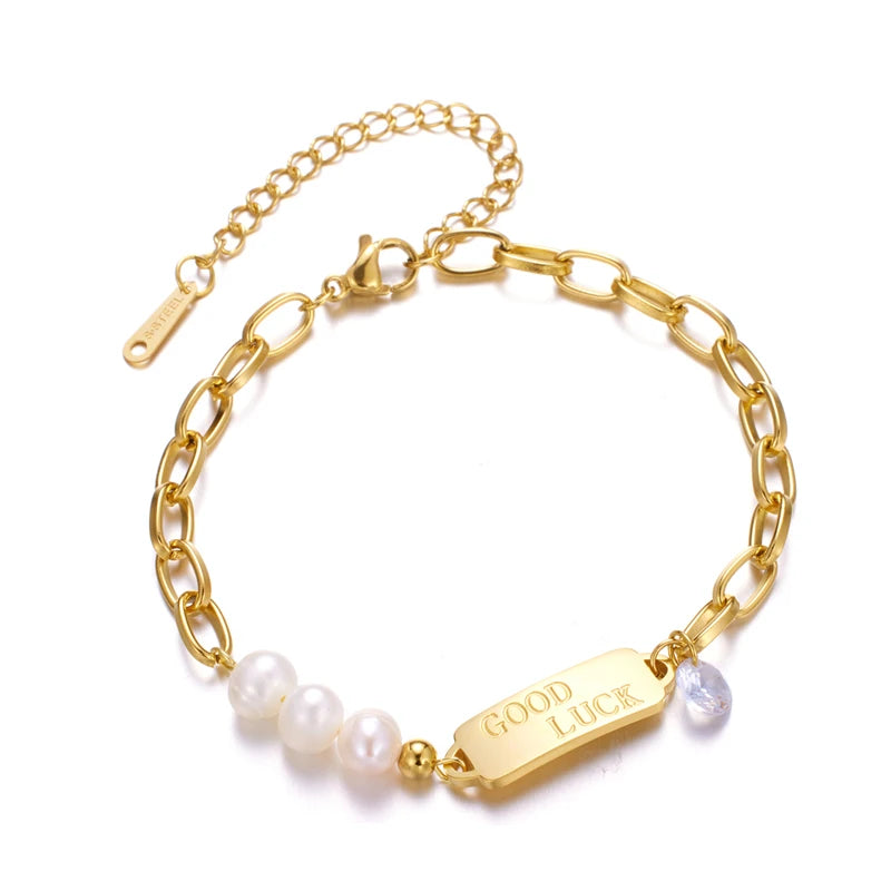 Ladies Trendy Sfresh Water Pearl Stainless Steel Chain Bracelets