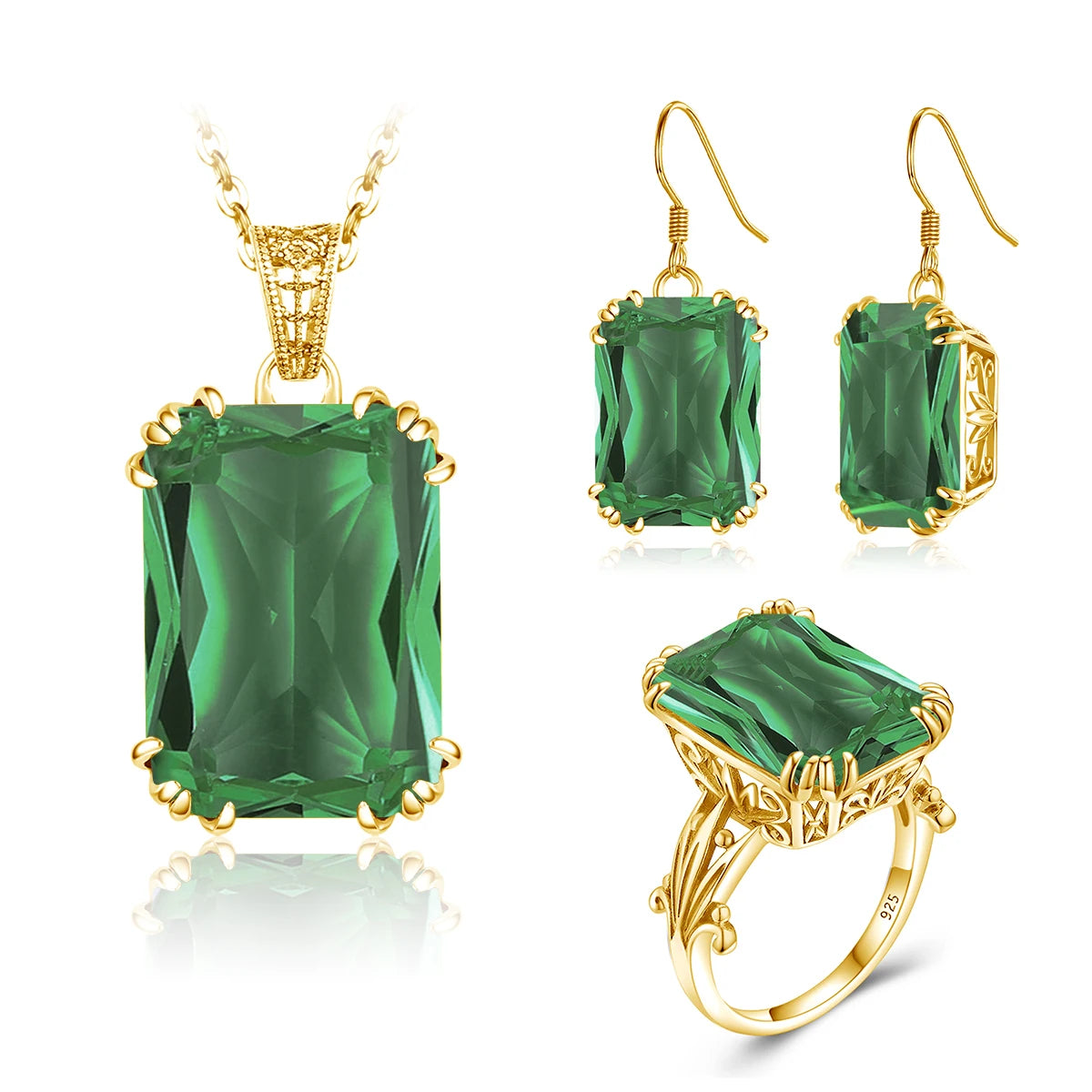 Emerald Gemstone Vintage Engagement Wedding 925 Sterling Silver 18K Gold Plated Jewelry Set with Ring Earrings Pendant for Wo