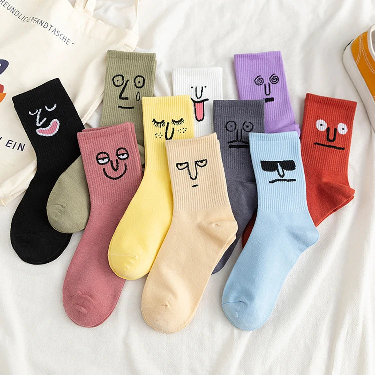 RIHO Spring Autumn Eco-Friendly Breathable Cute Jacquard Crew Socks Fashion Ladies Cotton Happy Funny Casual Tube Cuff Daily 