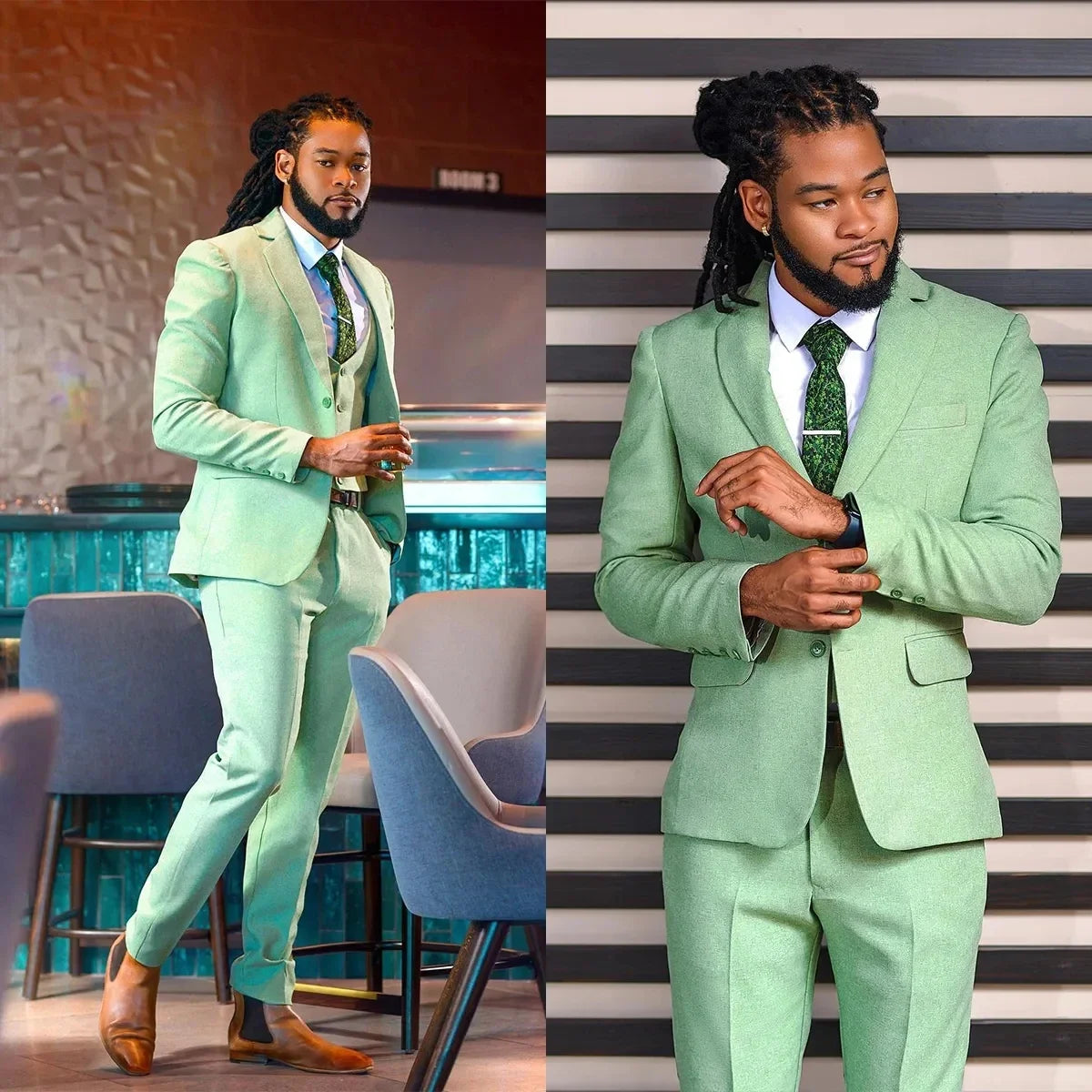 Green Men Suits Tailor Made Wedding Tuxedos Peaked Lapel Jacket Trousers Handsome Man Prom Party Formal Outfit for Male 2 Pie