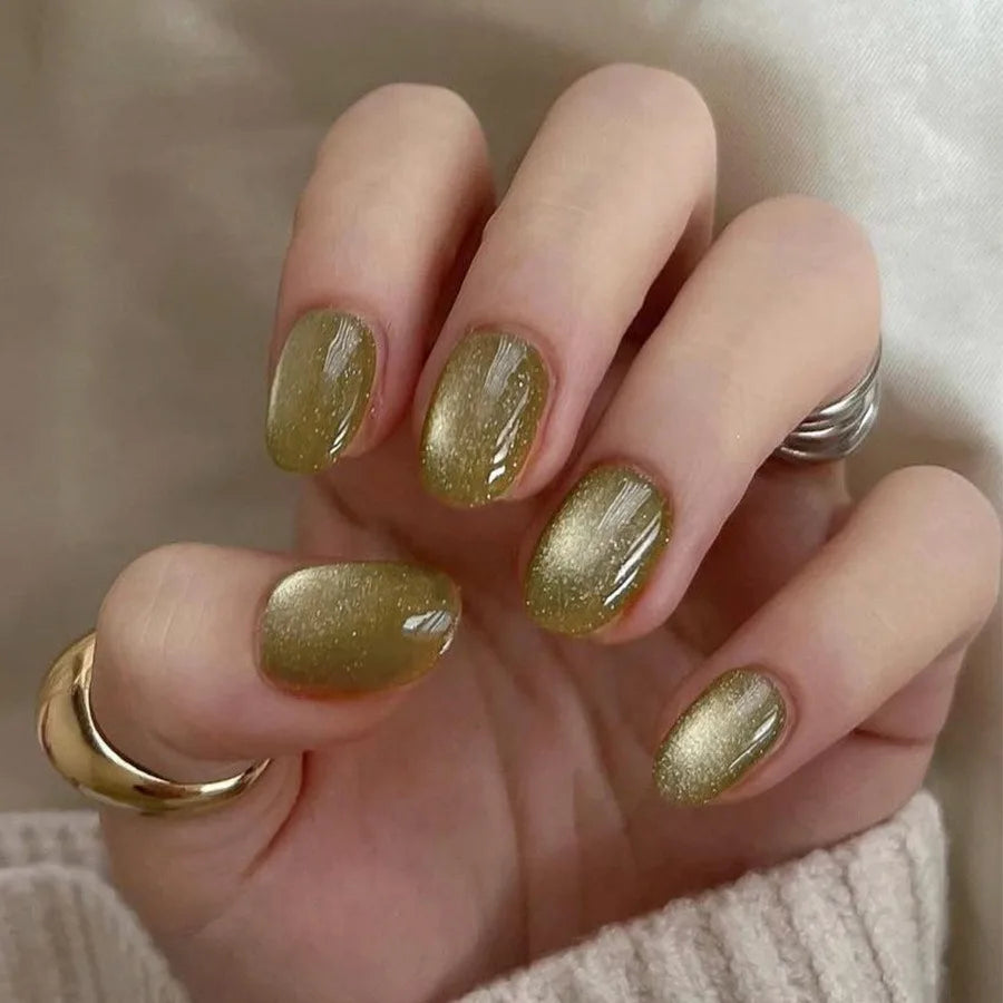 24pcs French Mellow Yellow Hawthorn Cat Eye Short Romantic Art Acrylic Press on Nails Artificial Fingernails Dating 3251/3234