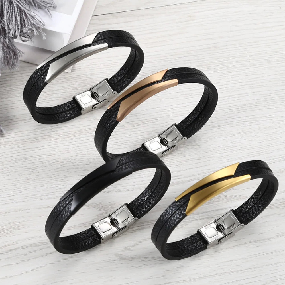 Fashion Jewelry Stainless Steel Custom Engraving Pu Wristband Leather Bracelet for Men