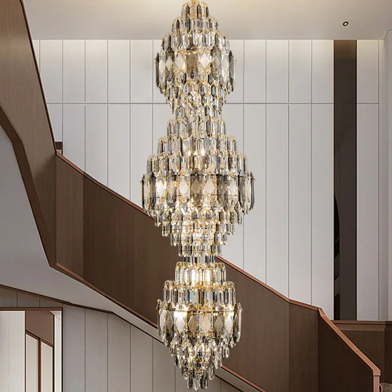 2026 the New Villa Spiral Staircase Long Chandelier Crystal Light Luxury High-End Hollow Jump Double Stairwell Lamps