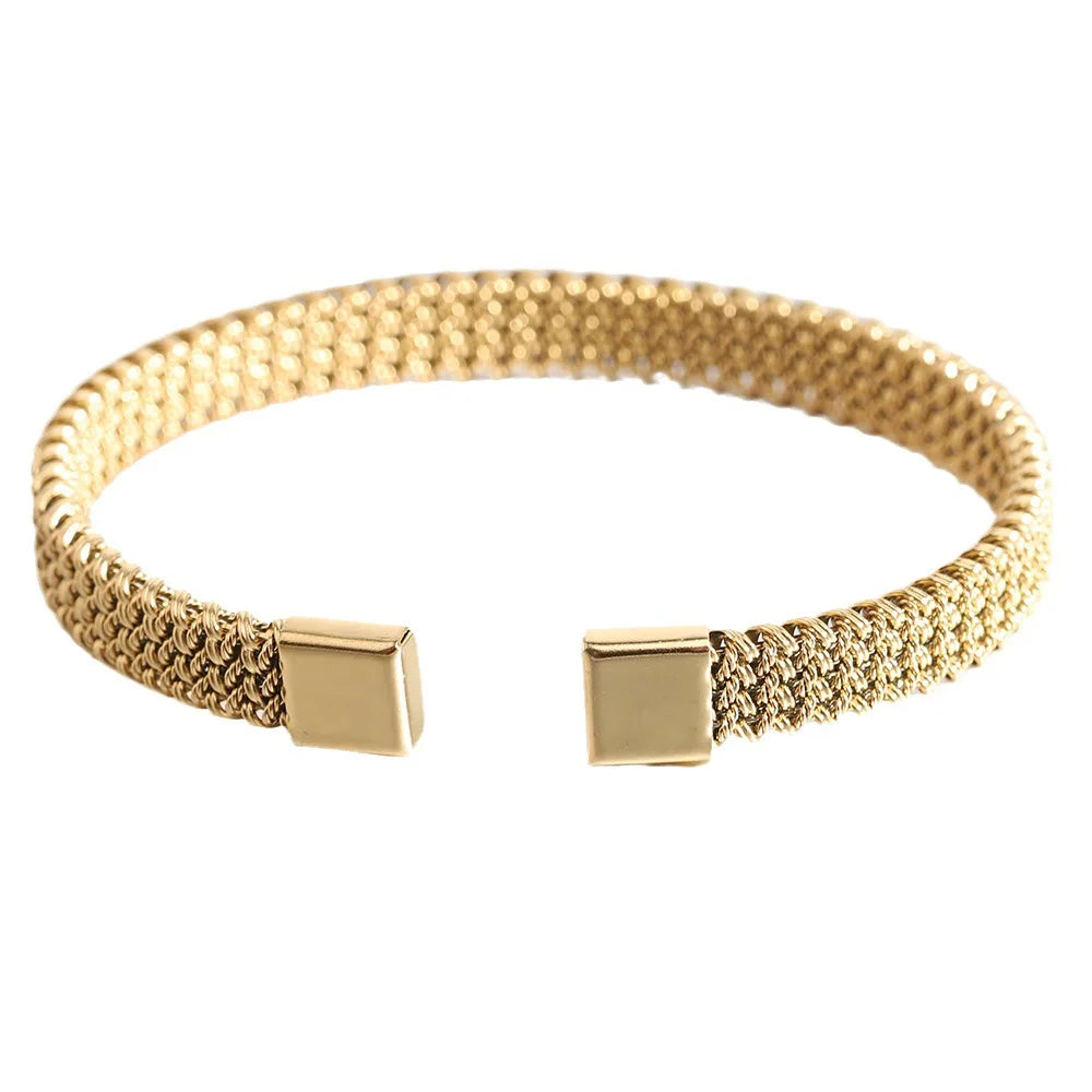 Simple 18k Gold Plated Stainless Steel Wire Mesh Cuff Bangle Bracelet for Women