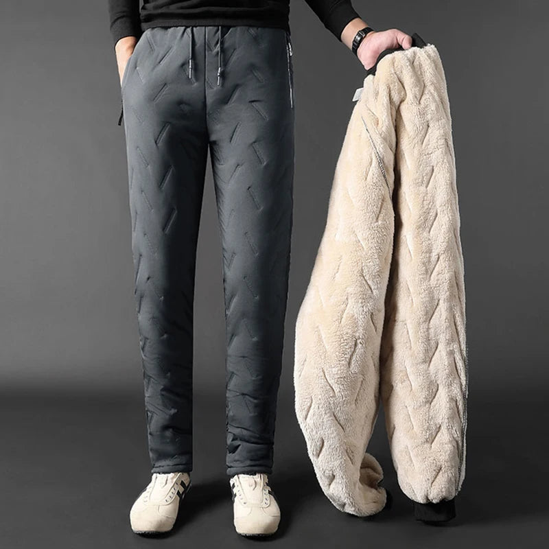 Winter Zip Pockets Thicken Fleece Sweatpants Men Joggers Black Grey Down Cotton Warm Pants Male WaterProof Thermal Trousers 7