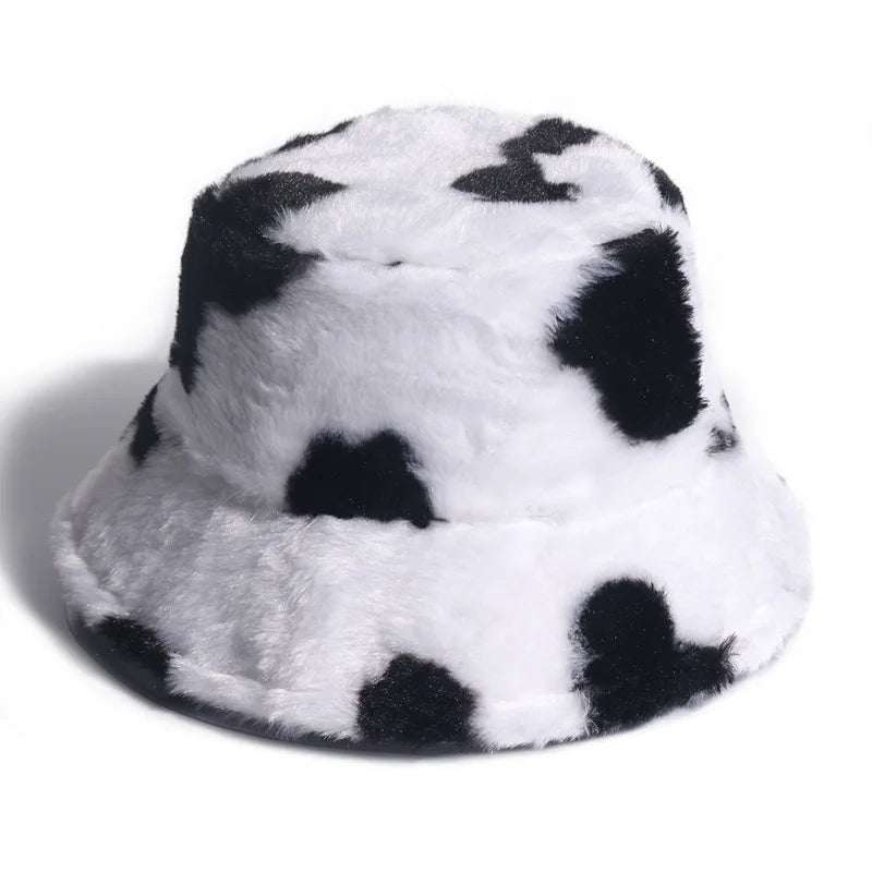 Autumn Winter Cow Grain Fur Fisherman Hat Female Thickening Thermal Plush Basin Bucket Hats