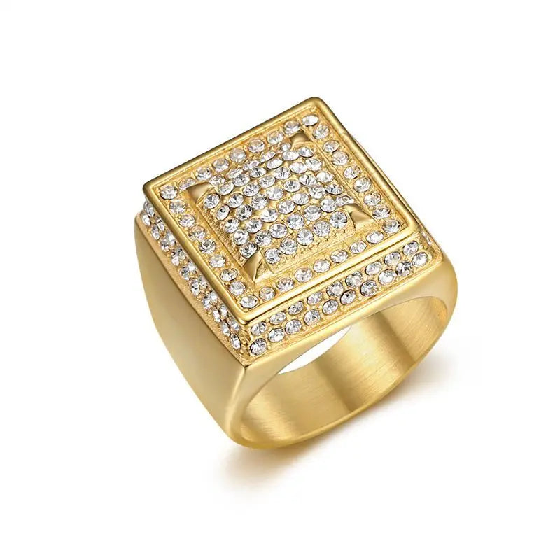 New Men's Titanium Steel Vacuum Gold Plated Oval Cut Inlay Zircon Ring Hip Hop Party Style Classic Stainless Steel Gift