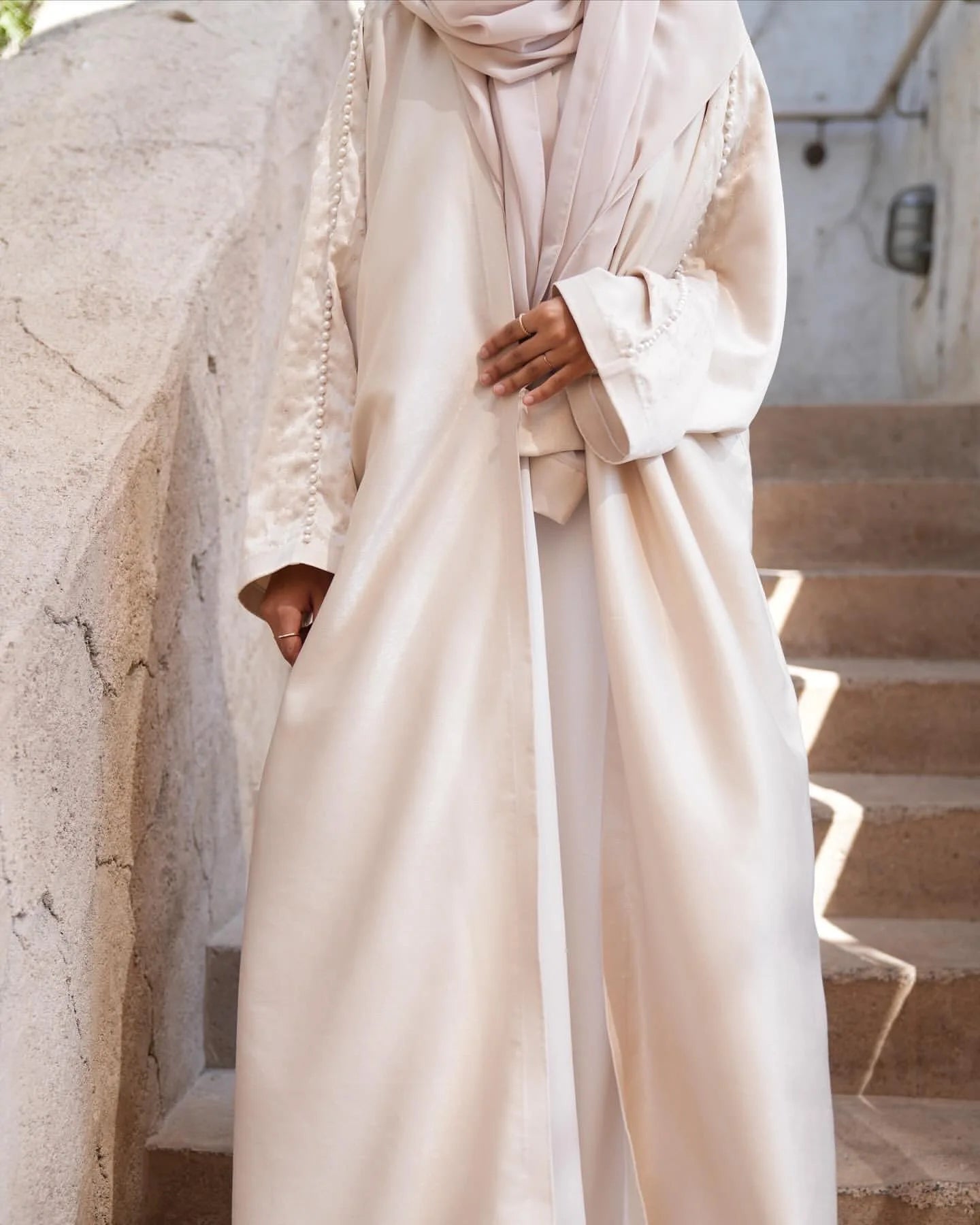 2024 New Arrival Traditional Ramadan Modest pink EID Luxury Pearls  Embroidered Fashion Women Open Dress Abaya