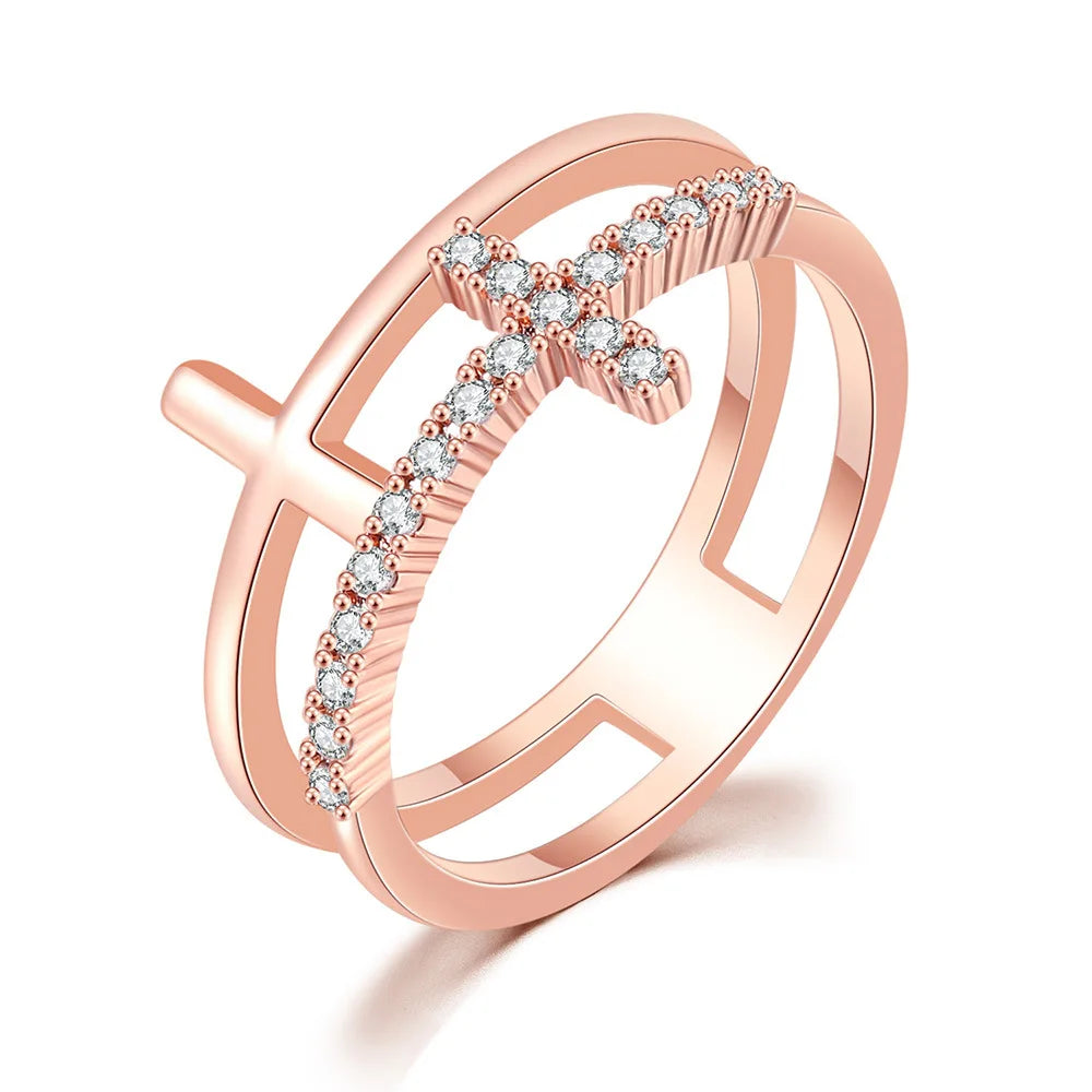 Hot Style Double Cross Couple Ring Cubic Zirconia Fingers Custom Fashion Jewelry Rings