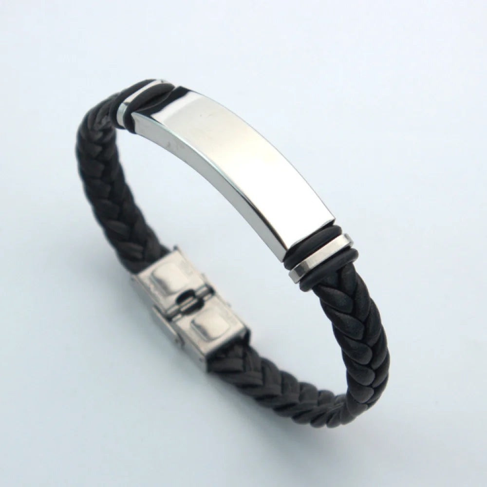 Vintage Unisex Couple Jewelry Stainless Steel Blank Bar Custom Engraving Woven Braided Leather Bracelet