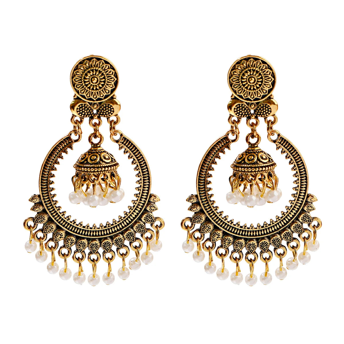Indian Children's Retro Alloy Imitation Pearl Big Round Bell Style Exaggeration Vintage Hanging Earrings for Hinduism Occasio