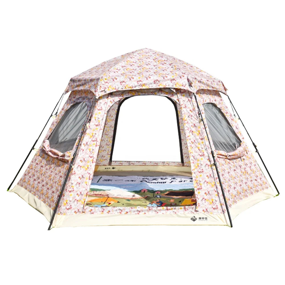 Large Portable Outdoor Automatic Hexagonal Pop-up Camping Tent Aluminum Alloy Frame Four-Season Use 2000mm Waterproof One