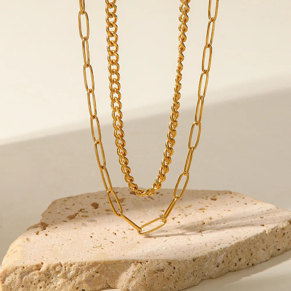 Minimalist Paper Clip Chain Charm 18K Gold Plated Double-strand Necklace 316 Stainless Steel Jewelry Wholesale