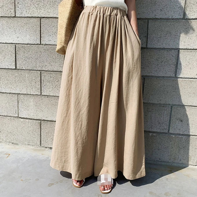 One Size Summer Women's Casual Pants Fashionable Solid Color Cotton Linen Wide Leg Pants Elastic Waist Casual Pants