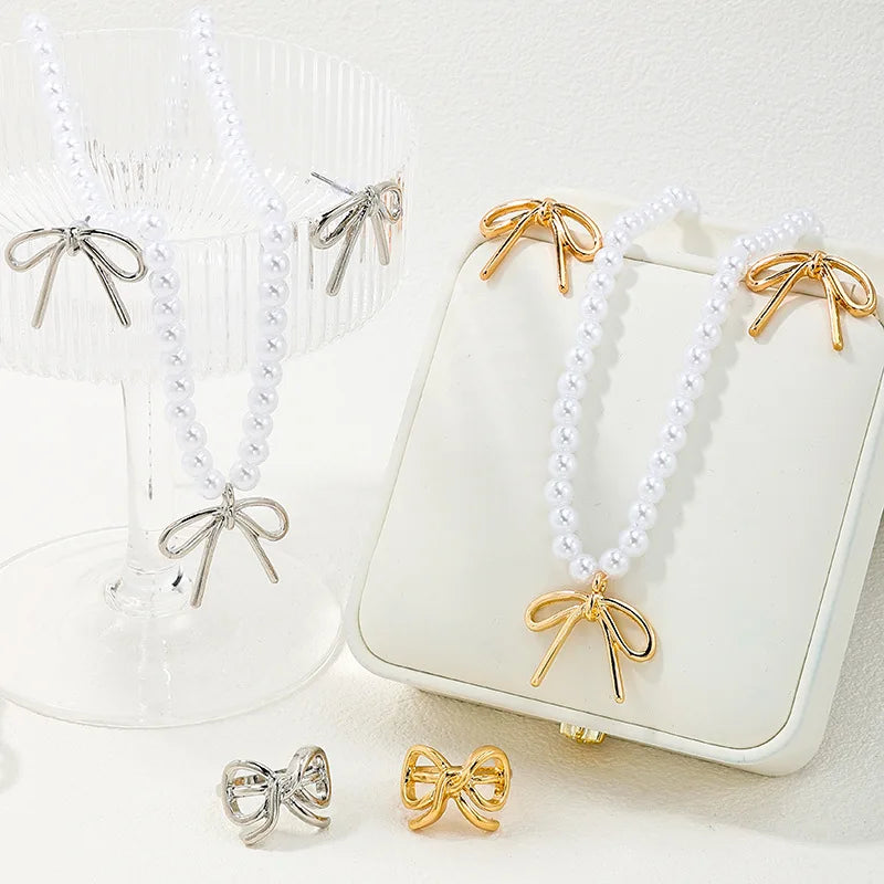 2024 New Design Silver Gold Plating Bowknot Shape Necklace Wholesale Women Pearl Necklace Ring Earrings Jewelry Set